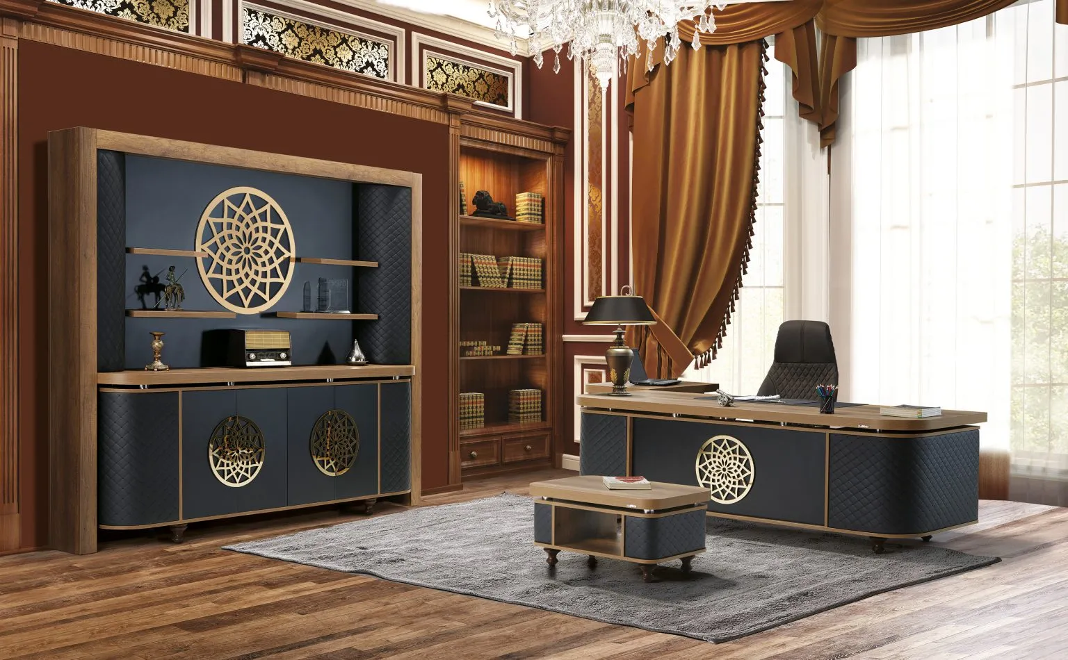 REGAL Büromöbel-Set mit Wandelement / Barock-schwarz