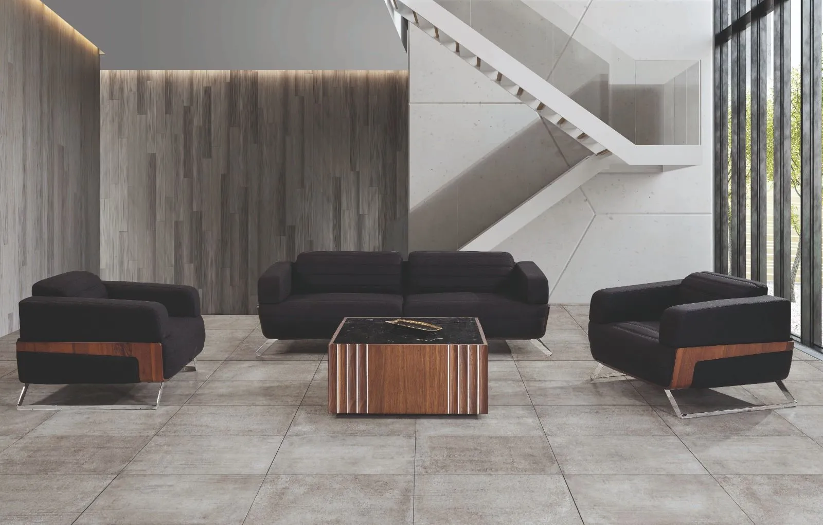 Prag Couch Set , schwarz, Holz abgesetzt, Füße Chrom